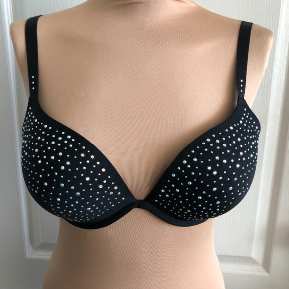 AMBRIELLE MISTIQUE PLUNGE EXTREME PUSH-UP CRYSTALS BLACK CONVERTIBLE BRA 36D - Picture 3 of 10